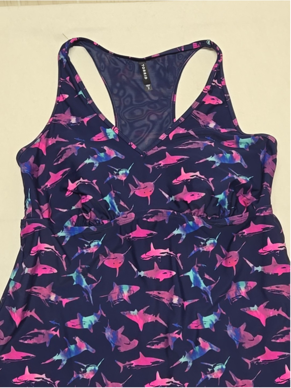 Torrid 2X Navy Shark Print Racerback Tankini Top Wireless UPF 50 Plus Size Swim - Picture 6 of 7